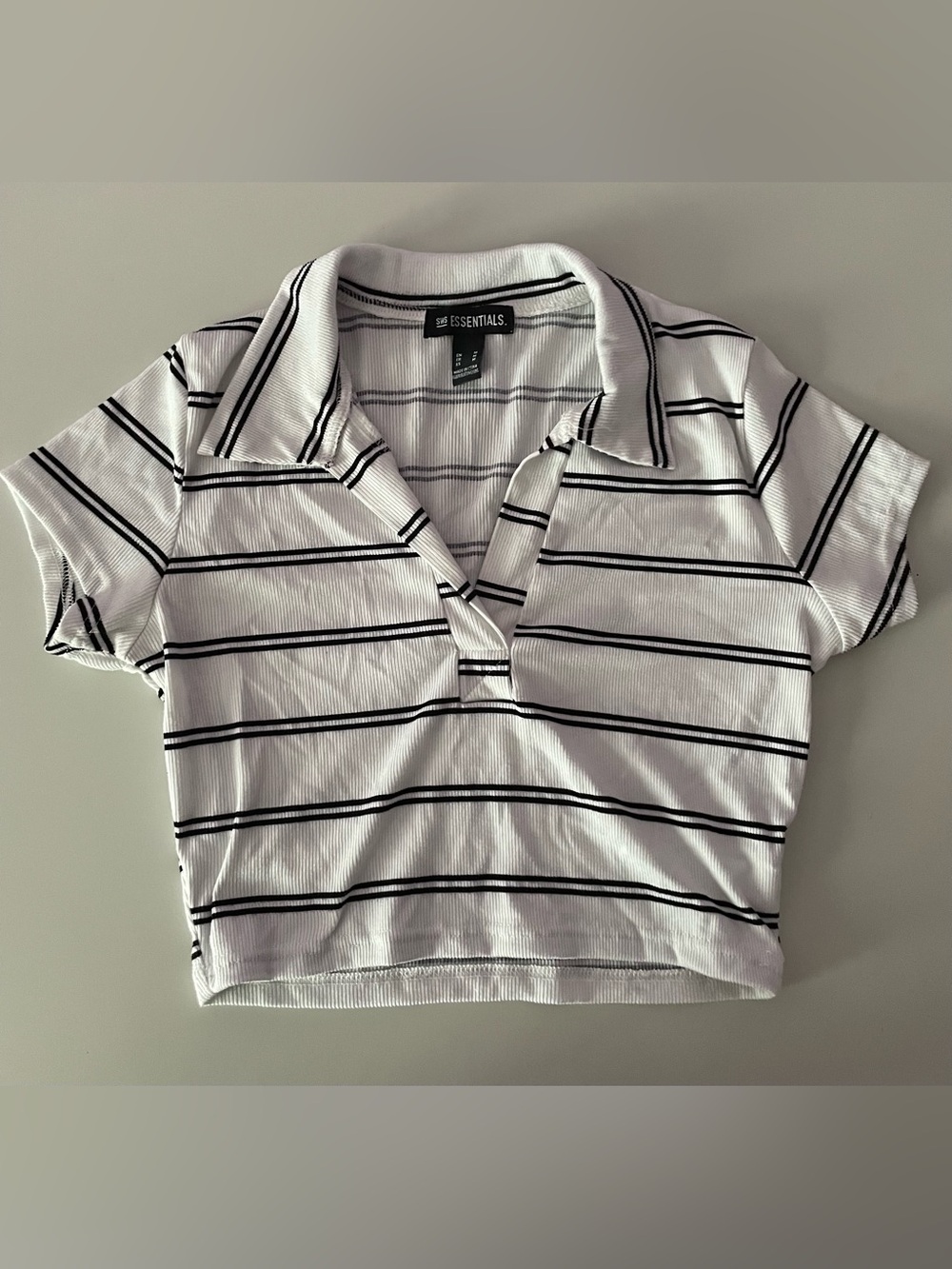 Essentials White and Black Striped Ribbed Polo Crop